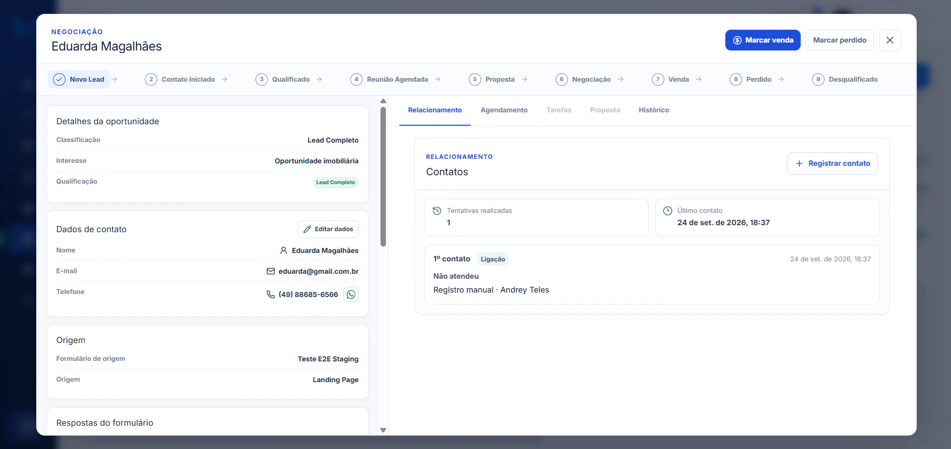 Detalhe real de uma negociação no CRM MacImob